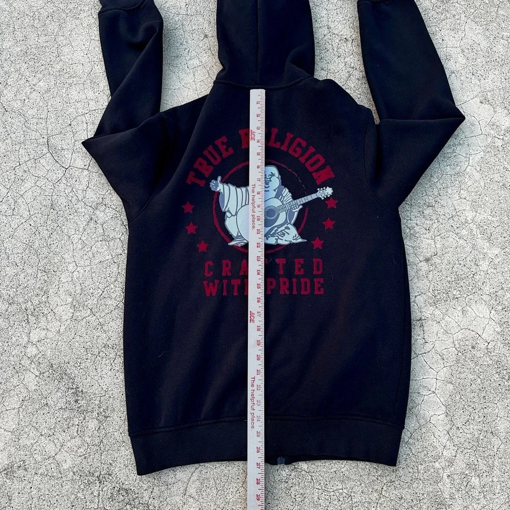 True Religion Hoodie Mens Size M Black Full Zip Horseshoe Logo Sweatshirt Casual